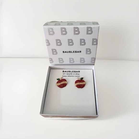 Baublebar Gold Tone & Red Apple #1 Teacher Stud Earrings Keep Detention Away NEW - Picture 1 of 3